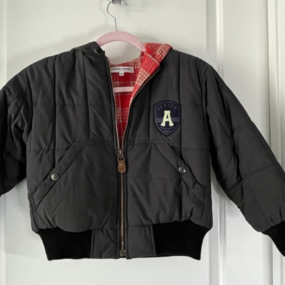 Giorgio Armani Junior Jacket Boys 8Y‎ Black Hooded Quilted Red Plaid Lined Italy